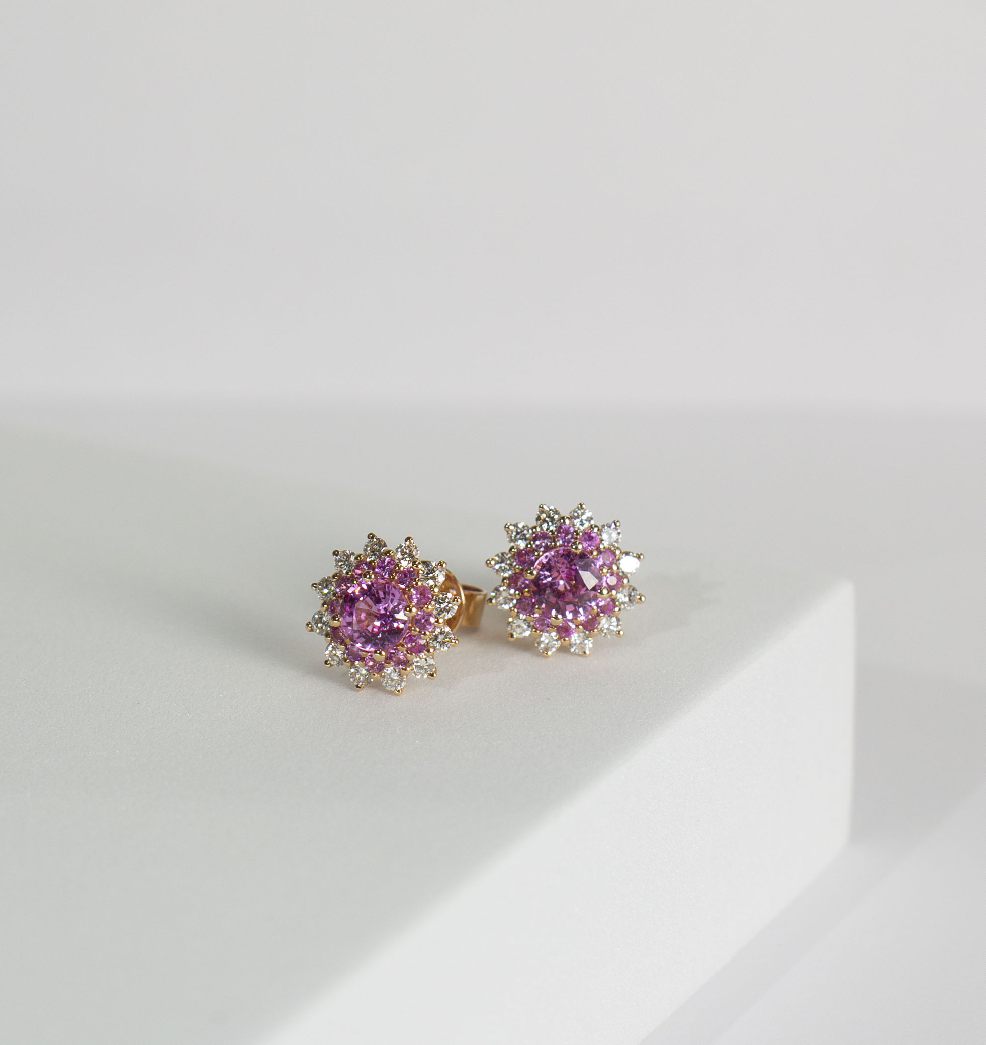 Pink Sapphire and Diamond Floral Cluster Earrings in Rose Gold