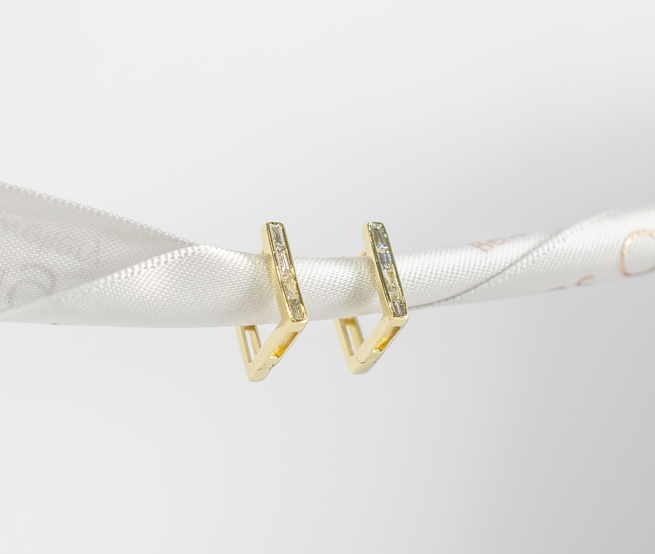 Baguette Cut Diamond Channel Set Yellow Gold Rectangular Hoop Earrings