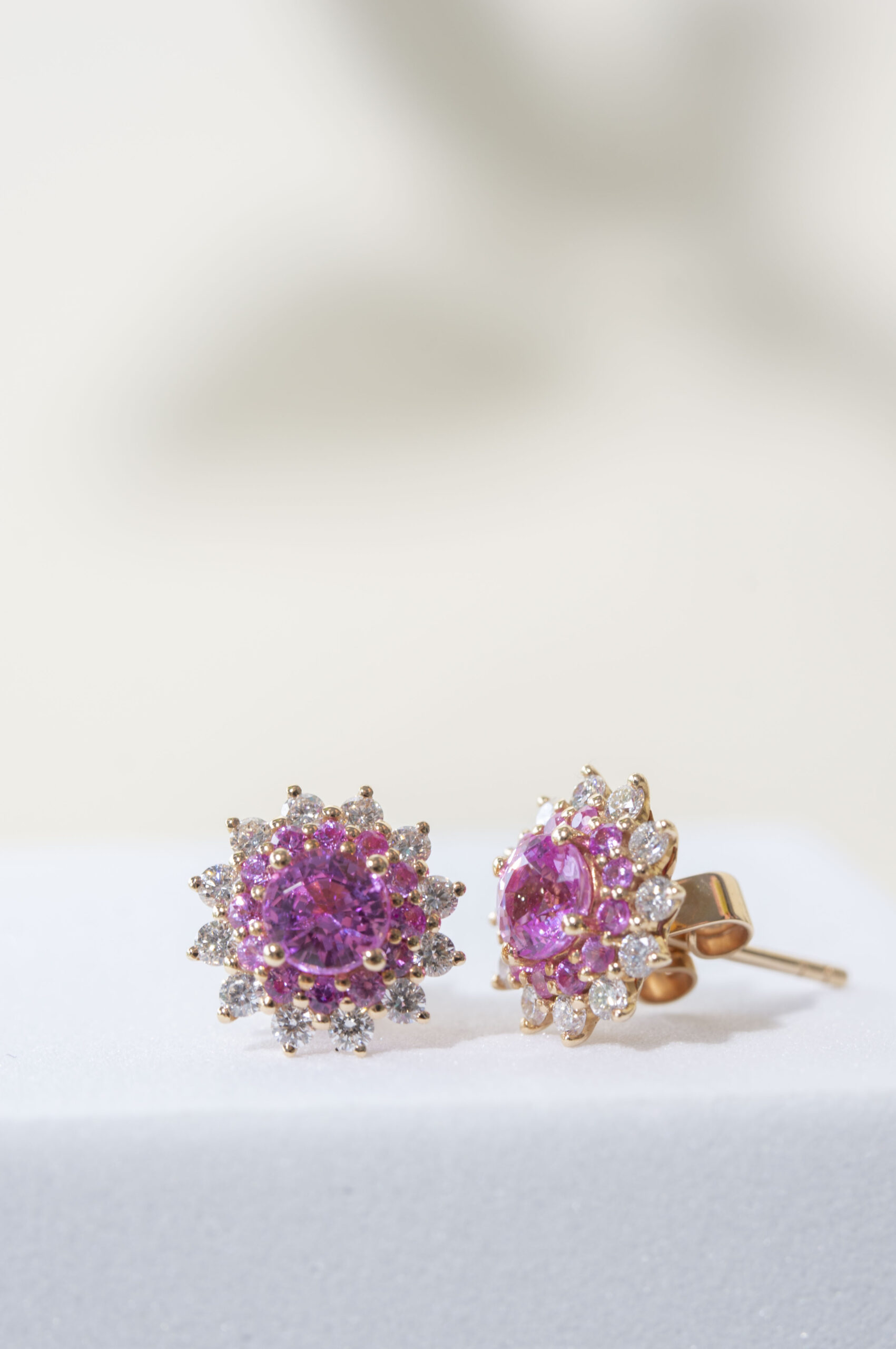 Pink Sapphire and Diamond Floral Cluster Earrings in Rose Gold