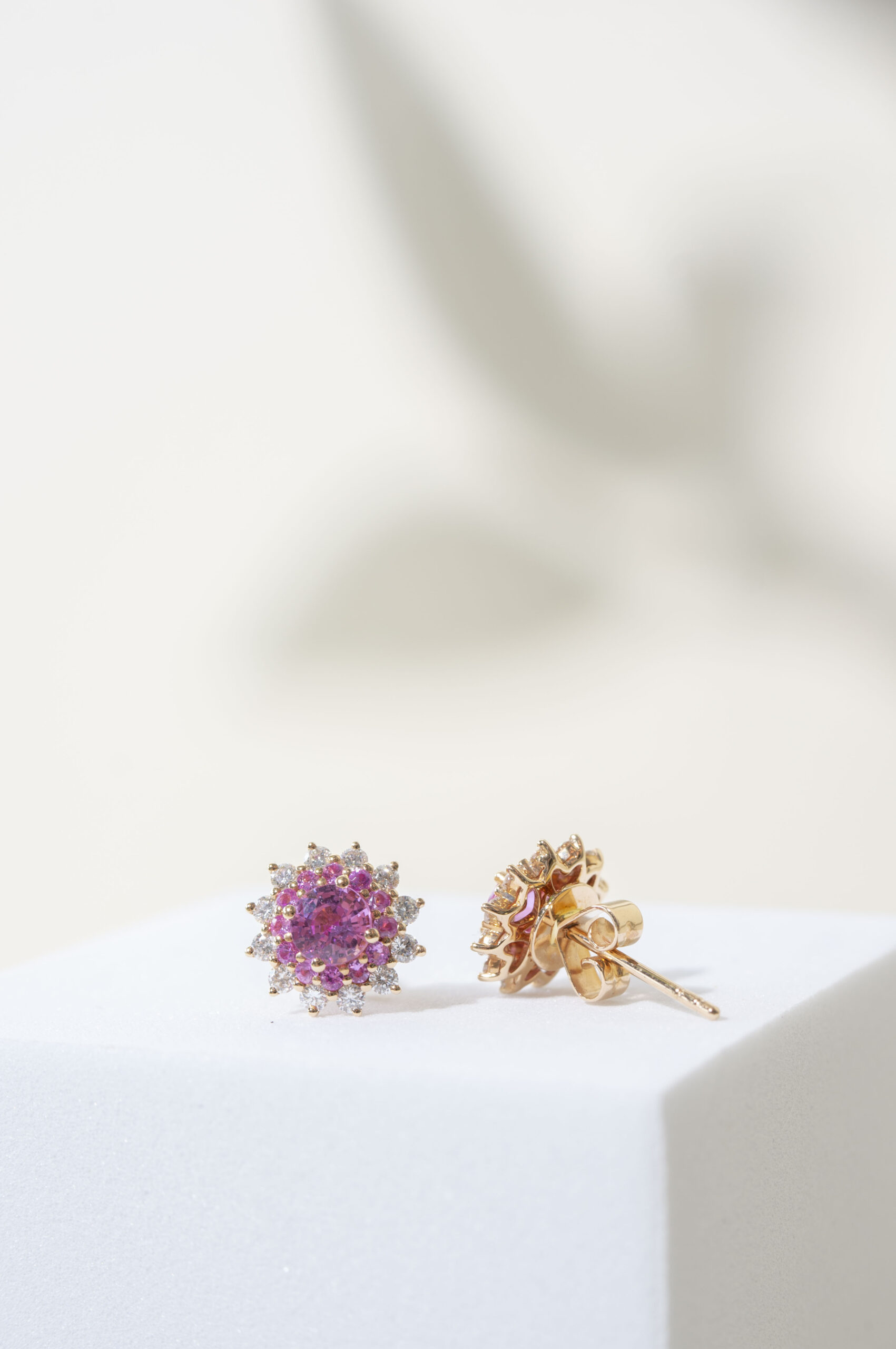 Pink Sapphire and Diamond Floral Cluster Earrings in Rose Gold