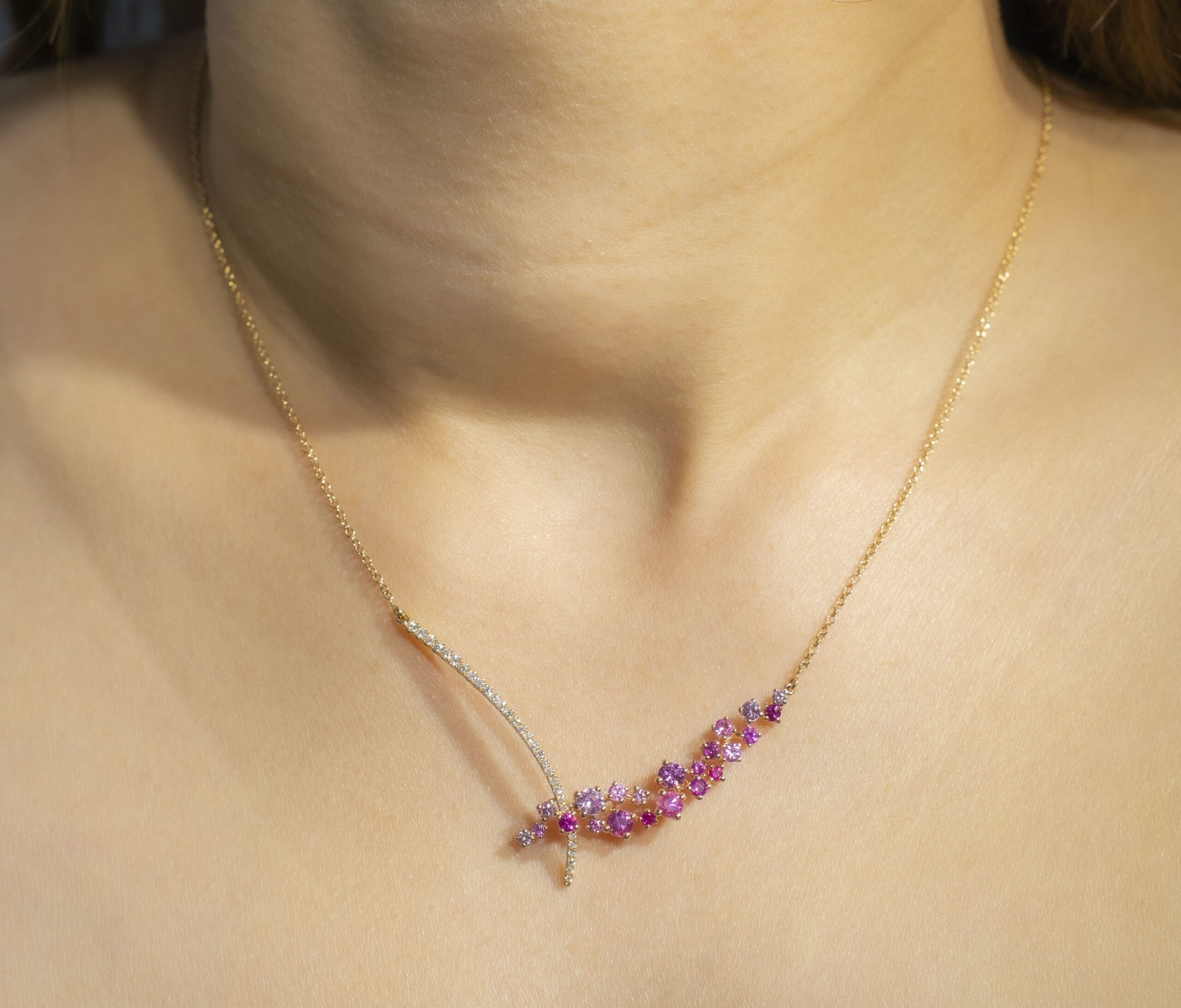 Model Photo (1) Rose Gold Sapphire and Diamond Ombre Cluster Bar Cluster Curve Cluster Necklace