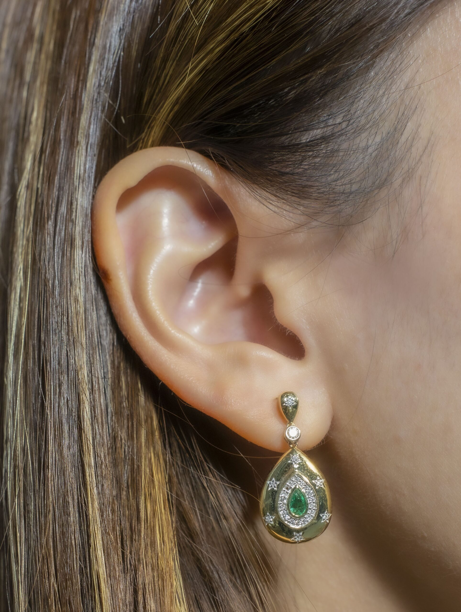 Star-Accented Emerald and Diamond Pear Drop Earrings in Yellow Gold