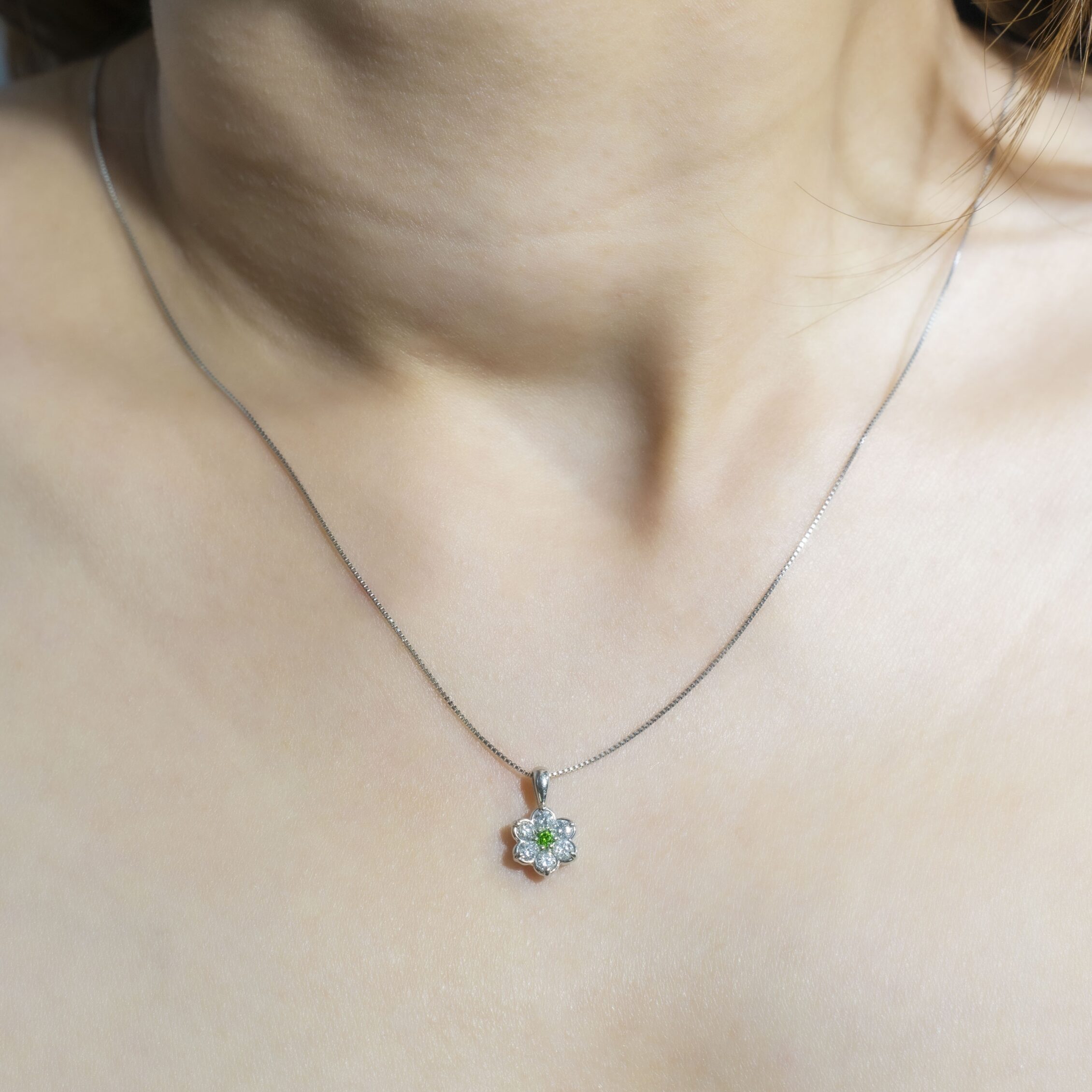 White Gold Demantoid Flower Pendant Necklace