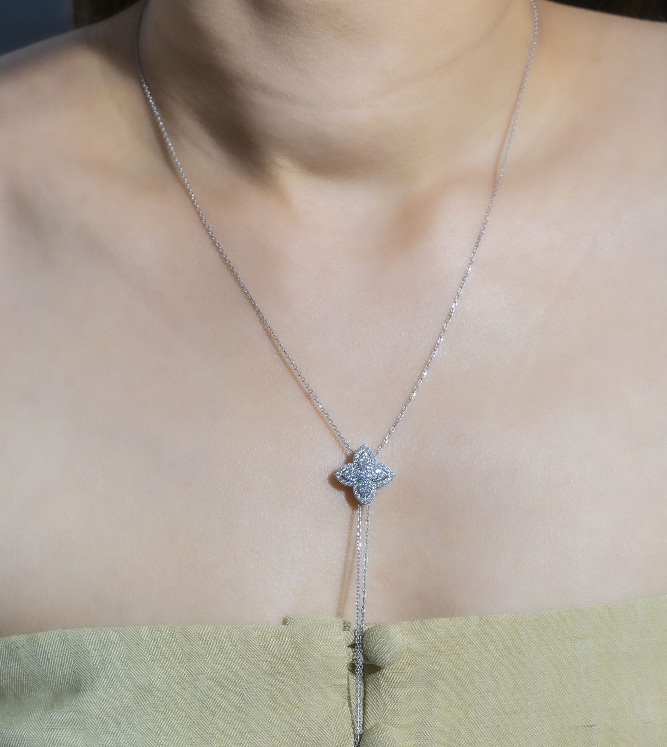 White Gold Diamond Pav Quatrefoil Tassel Pendant Necklace