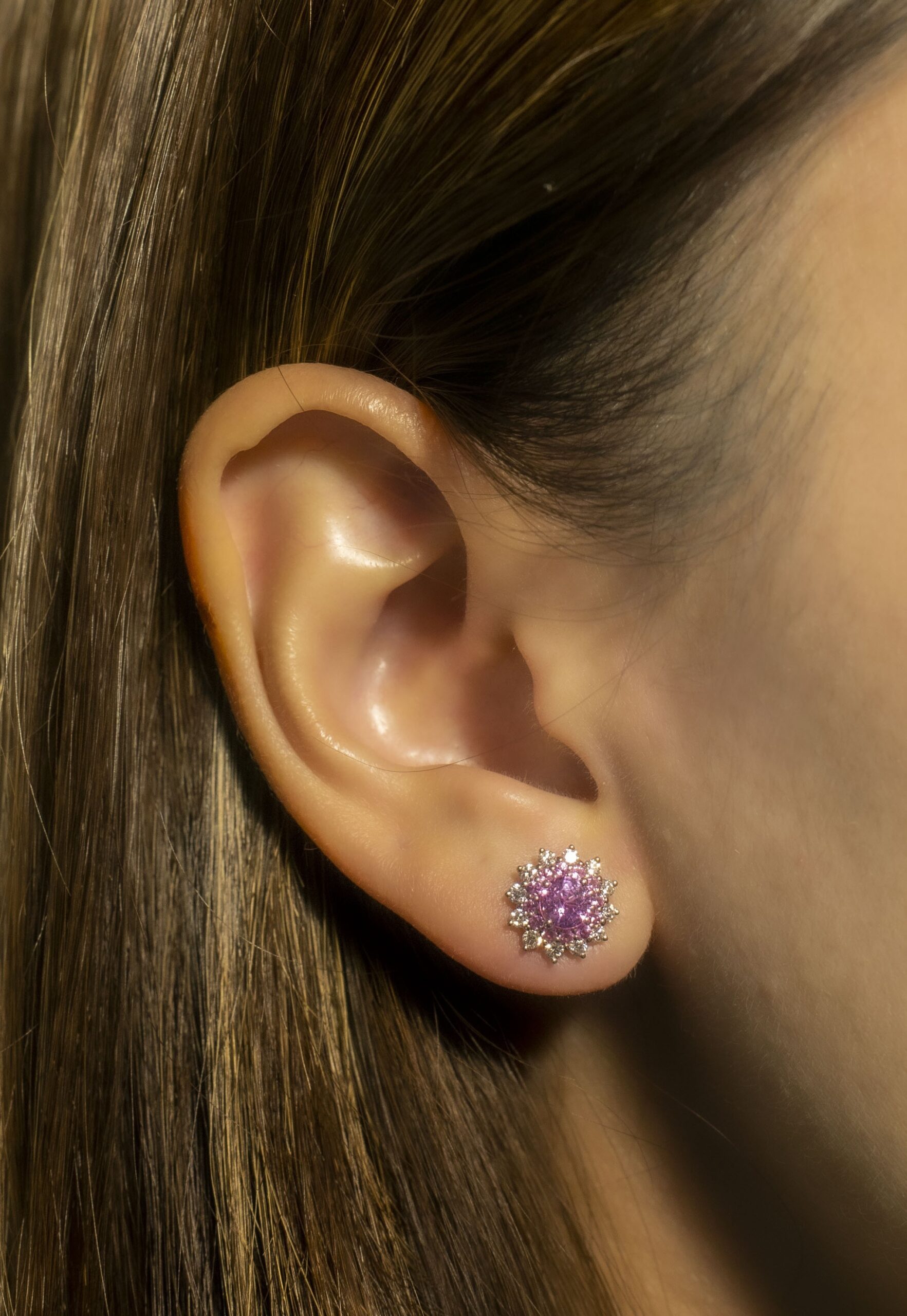 Pink Sapphire and Diamond Floral Cluster Earrings in Rose Gold