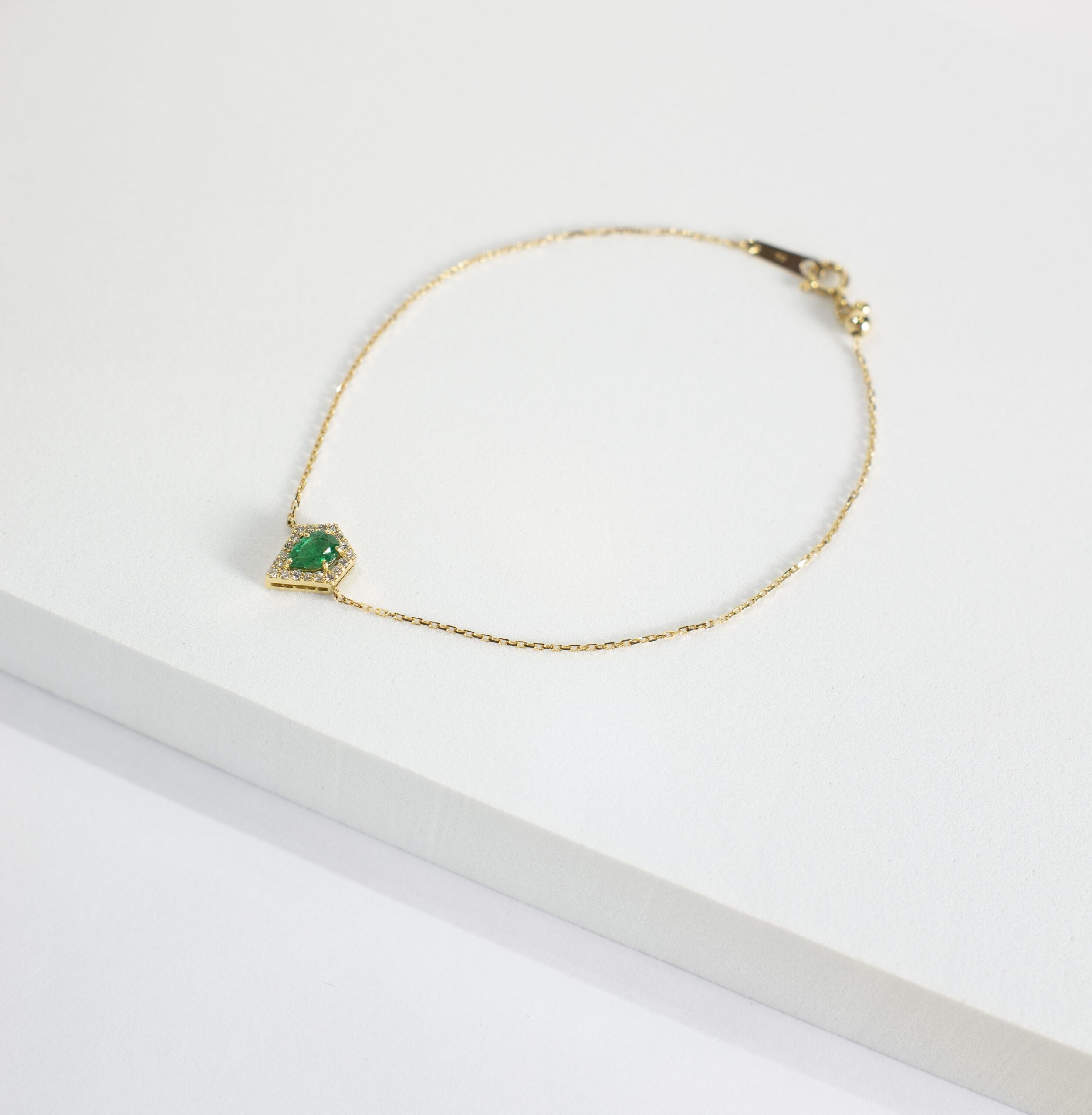 Product Photo 2 (3) Oval Emerald and Diamond Halo Shield Pendant Bracelet in Yellow Gold