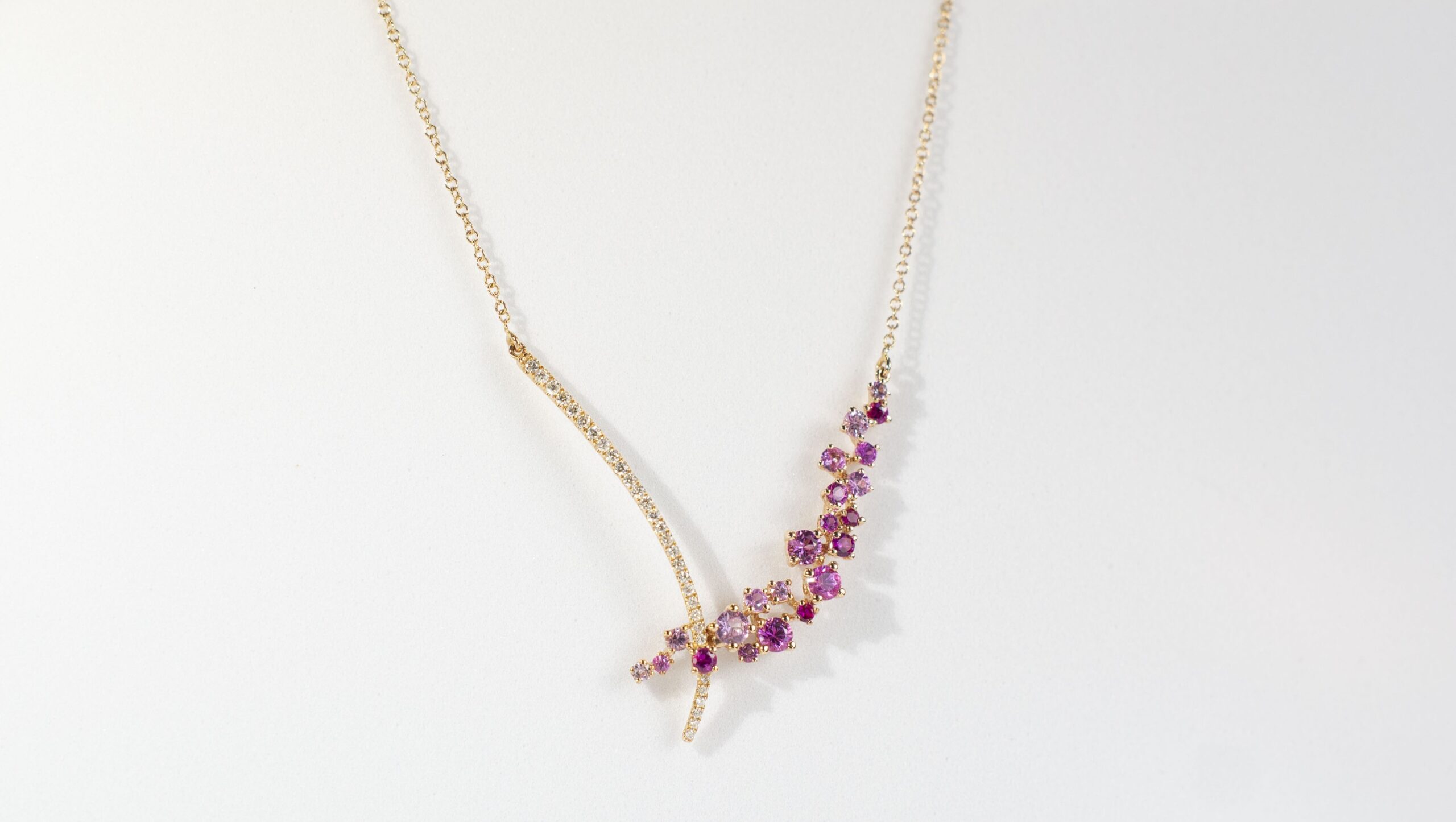 Product Photo 3 (1) Rose Gold Sapphire and Diamond Ombre Cluster Bar Cluster Curve Cluster Necklace