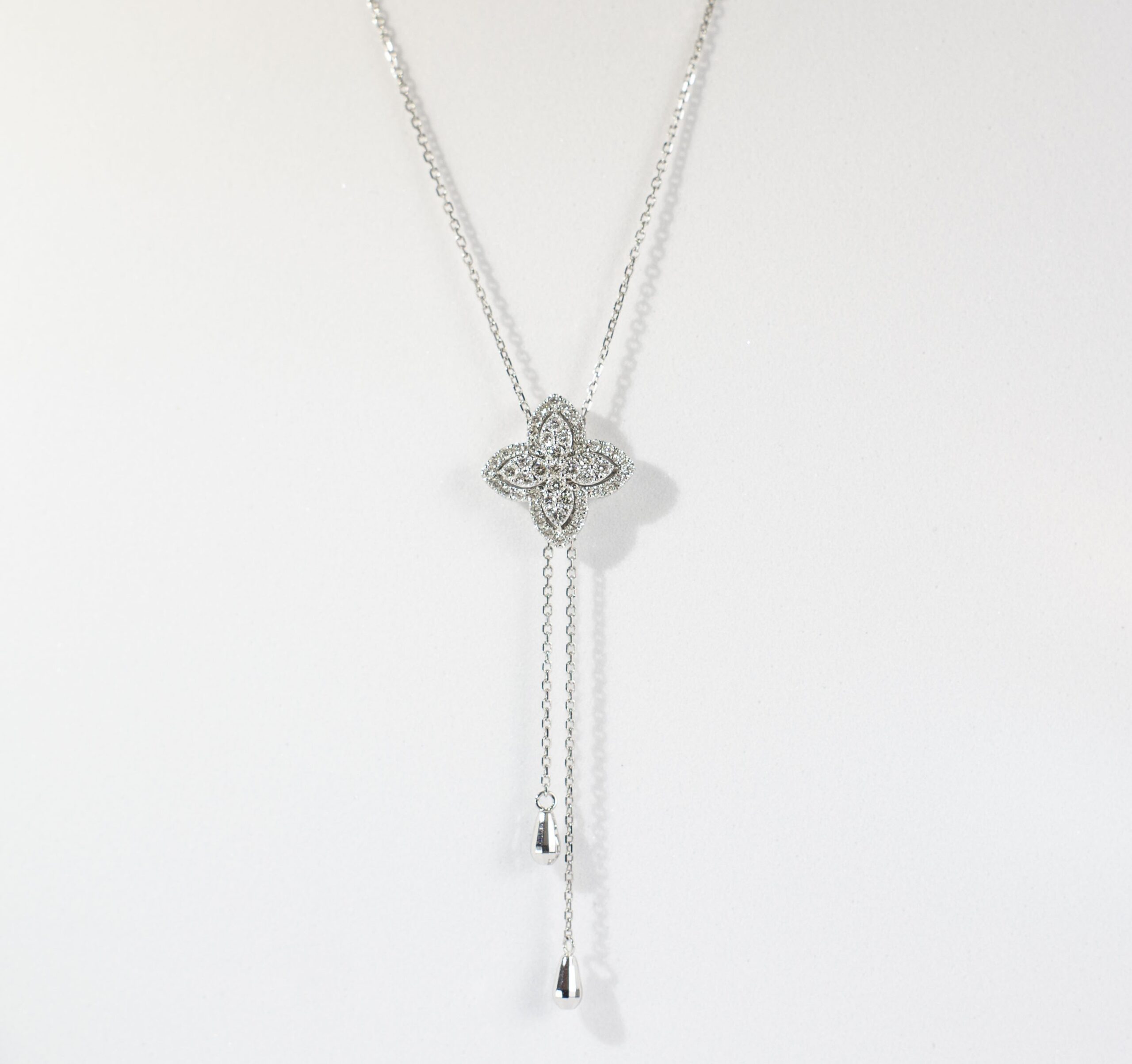 White Gold Diamond Pav Quatrefoil Tassel Pendant Necklace